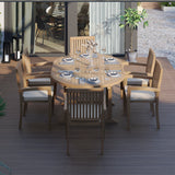 Teak 4cm Top Round To Oval 120-170cm Extending Table (6 Henley Stacking Chairs) cushions included. Teak 4cm Top Round To Oval 120-170cm Extending Table (6 Henley Stacking Chairs) cushions included.