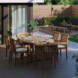 Teak 4cm Top Round to Oval 120–170cm Extending Table with 4 Henley Stacking Chairs & 2 San Francisco Chairs With Cushions Included – Versatile Teak Outdoor Dining Set Teak 4cm Top Round to Oval 120–170cm Extending Table with 4 Henley Stacking Chairs & 2 San Francisco Chairs With Cushions Included – Versatile Teak Outdoor Dining Set