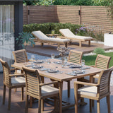 Teak Square to Rectangle 120-170cm Extending Table 4cm Top (6 Oxford Stacking Chairs) Cushions included. Teak Square to Rectangle 120-170cm Extending Table 4cm Top (6 Oxford Stacking Chairs) Cushions included.