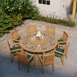 Teak Set 180cm Maximus Round Table 4cm Top (8 Henley Stacking Chairs) Cushions Included: Minimalist Round Outdoor Dining Set Teak Set 180cm Maximus Round Table 4cm Top (8 Henley Stacking Chairs) Cushions Included: Minimalist Round Outdoor Dining Set