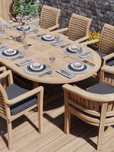 Teak 180-240cm Oval Extending Table 4cm Top (6 Oxford Stacking Chairs 2 San Francisco Chairs) Cushions included. Teak 180-240cm Oval Extending Table 4cm Top (6 Oxford Stacking Chairs 2 San Francisco Chairs) Cushions included.