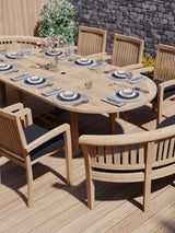 Teak 180-240cm Oval Extending Table 4cm Top (6 Henley Stacking Chairs 2 San Francisco Benches) Cushions included. Teak 180-240cm Oval Extending Table 4cm Top (6 Henley Stacking Chairs 2 San Francisco Benches) Cushions included.