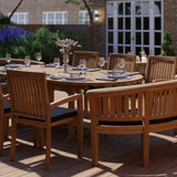 Teak 180-240cm Oval Extending Table 4cm Top (6 Henley Stacking Chairs 2 San Francisco Benches) Cushions included. Teak 180-240cm Oval Extending Table 4cm Top (6 Henley Stacking Chairs 2 San Francisco Benches) Cushions included.