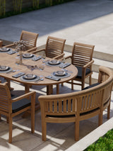 Teak 180-240cm Oval Extending Table 4cm Top (6 Oxford Stacking Chairs 2 San Francisco Benches) Cushions included – Timeless Teak Outdoor Dining Set Teak 180-240cm Oval Extending Table 4cm Top (6 Oxford Stacking Chairs 2 San Francisco Benches) Cushions included – Timeless Teak Outdoor Dining Set