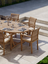 Teak Set 2m Sunshine Table 4cm Top (with 6 Oxford Stacking Chairs) Cushions Included: Contemporary Teak Dining Set for Outdoors Teak Set 2m Sunshine Table 4cm Top (with 6 Oxford Stacking Chairs) Cushions Included: Contemporary Teak Dining Set for Outdoors