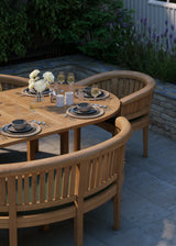Teak Set Oval 180-240cm Extending Table 4cm Top (2 San Francisco Chairs 2 Benches) Cushions included – Contemporary Teak Garden Dining Set Teak Set Oval 180-240cm Extending Table 4cm Top (2 San Francisco Chairs 2 Benches) Cushions included – Contemporary Teak Garden Dining Set
