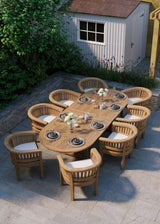 Teak Set Oval 2-3m Extending Table 4cm Top (8 San Francisco Chairs) Cushions included. Teak Set Oval 2-3m Extending Table 4cm Top (8 San Francisco Chairs) Cushions included.