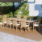Teak Set 200-300cm Rectangle Extending Table 4cm Top (10 Oxford Stacking Chairs) Cushions included. Teak Set 200-300cm Rectangle Extending Table 4cm Top (10 Oxford Stacking Chairs) Cushions included.