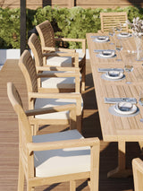 Teak Set 200-300cm Rectangle Extending Table 4cm Top (10 Oxford Stacking Chairs) Cushions included. Teak Set 200-300cm Rectangle Extending Table 4cm Top (10 Oxford Stacking Chairs) Cushions included.