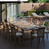 Teak Set 200-300cm Rectangle Extending Table 4cm Top (10 Oxford Stacking Chairs) Cushions included. Teak Set 200-300cm Rectangle Extending Table 4cm Top (10 Oxford Stacking Chairs) Cushions included.