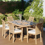 Teak Square to Rectangle 120-170cm Extending Table 4cm Top (6 Oxford Stacking Chairs) Cushions included. Teak Square to Rectangle 120-170cm Extending Table 4cm Top (6 Oxford Stacking Chairs) Cushions included.