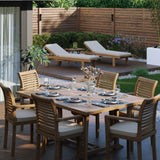Teak Square to Rectangle 120-170cm Extending Table 4cm Top (6 Oxford Stacking Chairs) Cushions included. Teak Square to Rectangle 120-170cm Extending Table 4cm Top (6 Oxford Stacking Chairs) Cushions included.