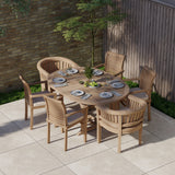 Teak Round To Oval 120-170cm Extending Table 4cm Top (4 Oxford Stacking Chairs 2 San Francisco Chairs) Cushions included. Teak Round To Oval 120-170cm Extending Table 4cm Top (4 Oxford Stacking Chairs 2 San Francisco Chairs) Cushions included.