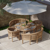 Teak Set 150cm Maximus Round Table 4cm Top (2 San Francisco Benches, 2 San Francisco Chairs) Cushions included- Premium Teak Garden Furniture Set Teak Set 150cm Maximus Round Table 4cm Top (2 San Francisco Benches, 2 San Francisco Chairs) Cushions included- Premium Teak Garden Furniture Set