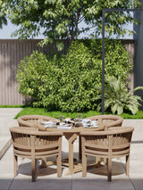 Teak Set 120-170cm Round to oval Table 4cm Top (4 teak San Francisco Chairs) cushions included. Teak Set 120-170cm Round to oval Table 4cm Top (4 teak San Francisco Chairs) cushions included.