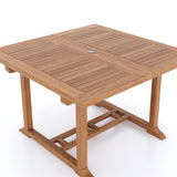 Teak Square to Rectangle 120-170cm Extending Table 4cm Top (6 Oxford Stacking Chairs) Cushions included. Teak Square to Rectangle 120-170cm Extending Table 4cm Top (6 Oxford Stacking Chairs) Cushions included.