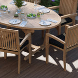 Teak Set 2m Sunshine Table 4cm Top (with 6 Henley Stacking Chairs) Cushions Included: Statement Teak Dining Set Teak Set 2m Sunshine Table 4cm Top (with 6 Henley Stacking Chairs) Cushions Included: Statement Teak Dining Set
