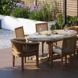 Teak Set 2m Sunshine Oval table 4cm Top (with 4 Henley Stacking Chairs, 2 San Francisco Chairs) Cushions included. Teak Set 2m Sunshine Oval table 4cm Top (with 4 Henley Stacking Chairs, 2 San Francisco Chairs) Cushions included.