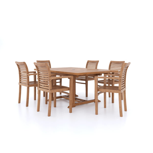 Teak Square to Rectangle 120-170cm Extending Table 4cm Top (6 Oxford Stacking Chairs) Cushions included.