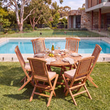 Teak 120cm Round Sunshine Folding Table 4cm Top (6 Folding Chairs) Cushions Included - Premium Teak Garden Furniture Set – Australian outdoor lifestyle setting