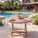 Teak Garden Furniture Spiral 120cm Round Folding Table 4cm Top - Sculptural Folding Teak Dining Table – Australian outdoor lifestyle setting