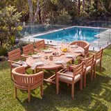Teak 180–240cm Oval Extending Table with 6 Marlow Stacking Chairs & 2 San Francisco Chairs – Teak Garden Dining Set – Australian outdoor lifestyle setting