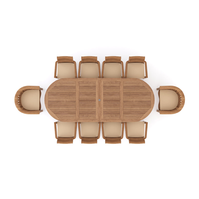 Teak 200-300cm Oval Extending Table 4cm Top (8 Oxford Stacking Chairs 2 San Francisco Chairs) Free Cushions.