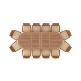 Giant Teak Oval Set 2-3m Extending Table 4cm Top (12 Oxford Stacking Chairs) Free Cushions.