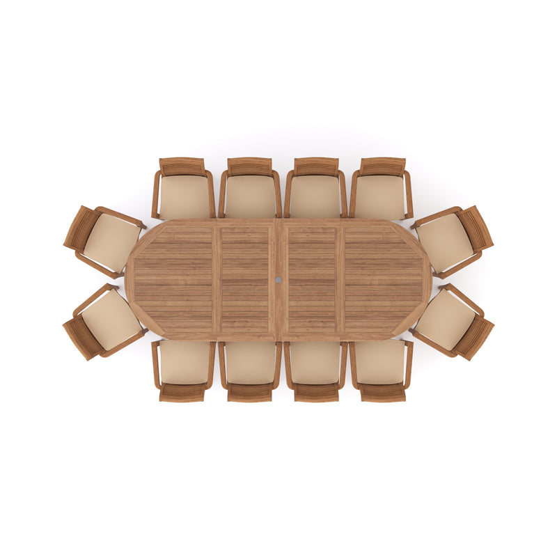 Giant Teak Oval Set 2-3m Extending Table 4cm Top (12 Oxford Stacking Chairs) Free Cushions.