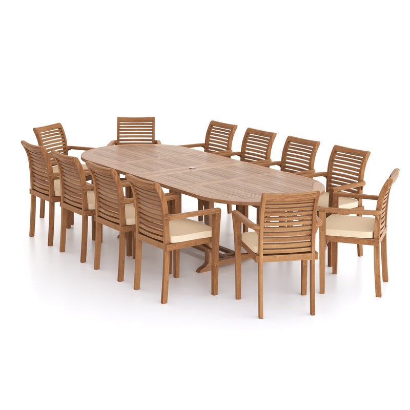 Giant Teak Oval Set 2-3m Extending Table 4cm Top (12 Oxford Stacking Chairs) Free Cushions.
