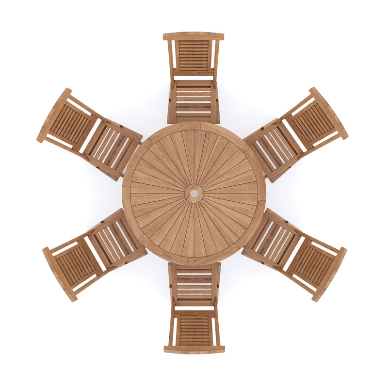 Teak 120cm Round Sunshine Folding Table 4cm Top (6 Folding Chairs) Cushions included.
