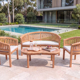 Teak San Francisco Bench Set (1 x Bench, 2 x Chair, 1 x Coffee Table) Free Cushions:Timeless Outdoor Lounge Set – Australian outdoor lifestyle setting