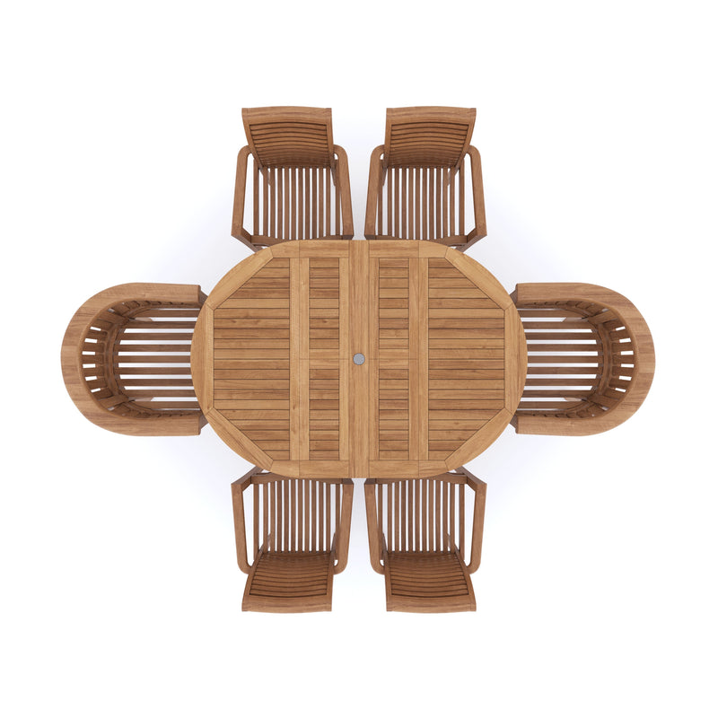 Teak Round To Oval 120-170cm Extending Table 4cm Top (4 Oxford Stacking Chairs 2 San Francisco Chairs) Cushions included.