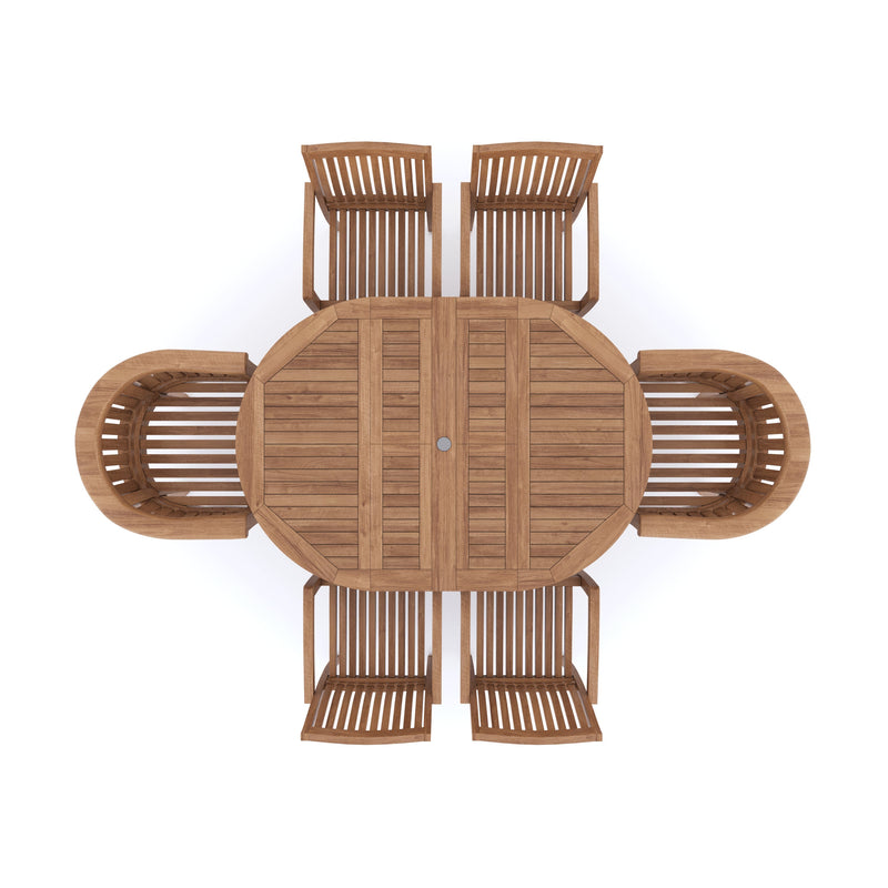 Teak 4cm Top Round To Oval 120-170cm Extending Table (4 Henley Stacking Chairs 2 San Francisco Chairs) Cushions included.