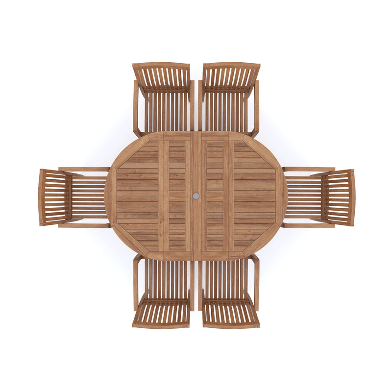 Teak 4cm Top Round To Oval 120-170cm Extending Table (6 Henley Stacking Chairs) cushions included.