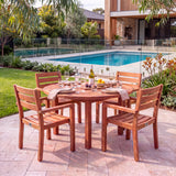 Teak Set 120cm Maximus Round Fixed Table, 4cm Top (4 x Marlow Stacking Chairs) Cushions Included: Beautiful Outdoor Teak Seat – Australian outdoor lifestyle setting