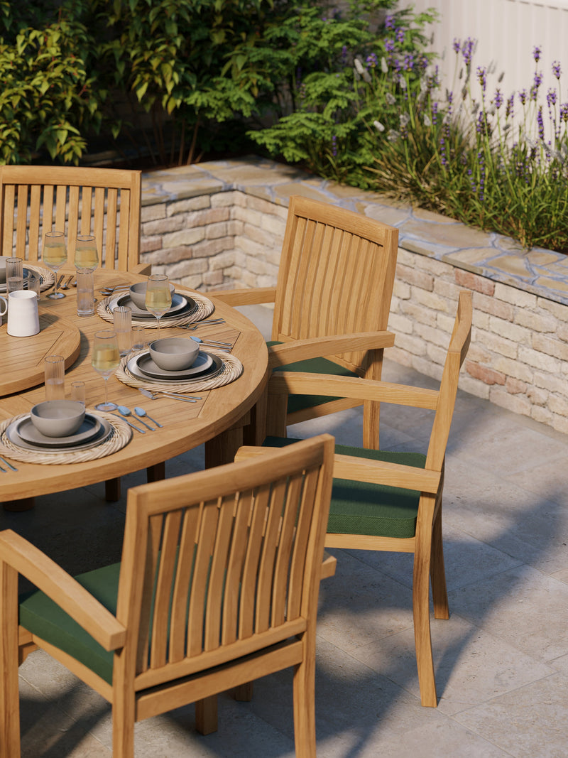 Teak Set 180cm Maximus Round Table 4cm Top (8 Henley Stacking Chairs) Cushions included.