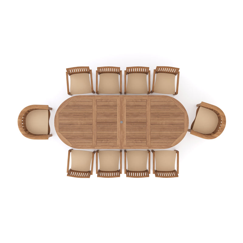 Teak 200-300cm Oval Extending Table 4cm Top (8 Henley Stacking Chairs 2 San Francisco Chairs) Free Cushions.