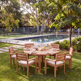 Luxor 150cm Round Table 4cm Top (6 Marlow Stacking Chairs) Cushions included- Contemporary Teak Round Dining Set for Stylish Outdoor Living – Australian outdoor lifestyle setting