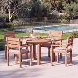Teak Set 120cm Maximus Round Fixed Table, 4cm Top (4 x Marlow Stacking Chairs) Cushions Included: Beautiful Outdoor Teak Seat – Australian outdoor lifestyle setting