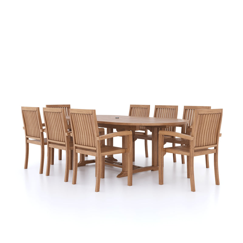 Teak Oval 180-240cm Extending Table 4cm Top (8 Henley Stacking Chairs) cushions included.