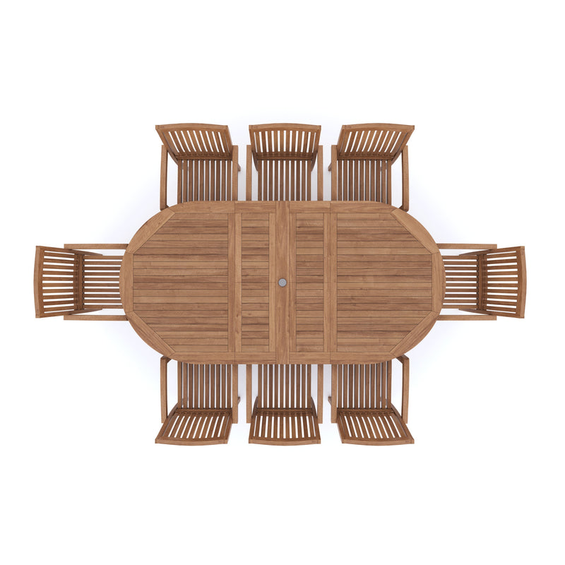 Teak Oval 180-240cm Extending Table 4cm Top (8 Henley Stacking Chairs) cushions included.