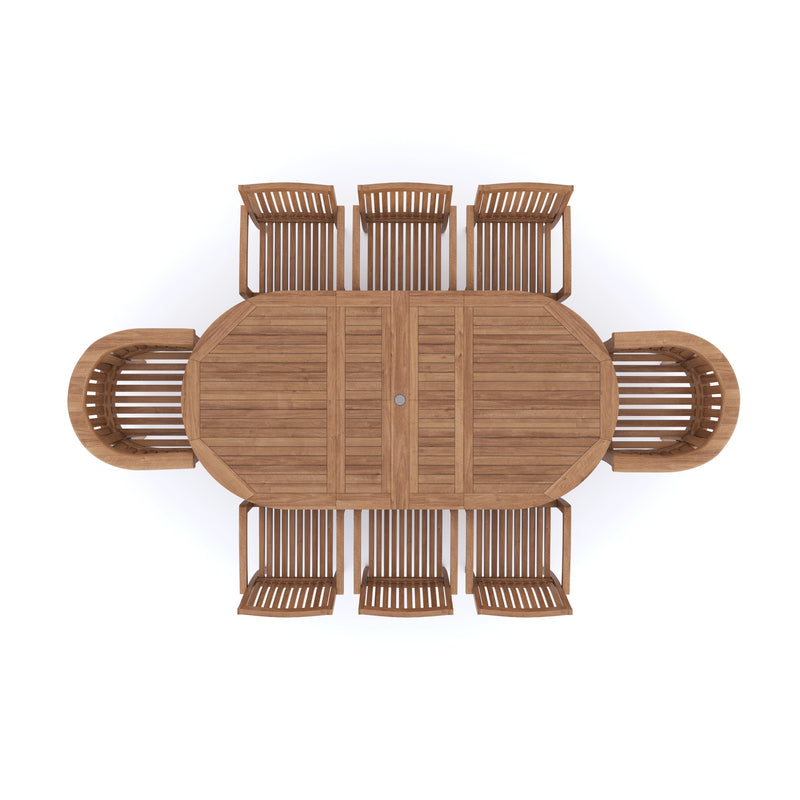 Teak 180-240cm Oval Extending Table 4cm Top (6 Henley Stacking Chairs 2 San Francisco Chairs) Cushions included.