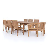 Teak 180-240cm Oval Extending Table 4cm Top (6 Henley Stacking Chairs 2 San Francisco Benches) Cushions included.