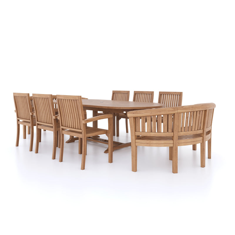 Teak 180-240cm Oval Extending Table 4cm Top (6 Henley Stacking Chairs 2 San Francisco Benches) Cushions included.