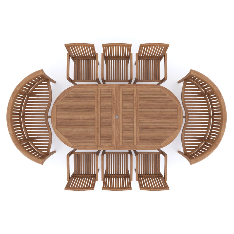 Teak 180-240cm Oval Extending Table 4cm Top (6 Henley Stacking Chairs 2 San Francisco Benches) Cushions included.