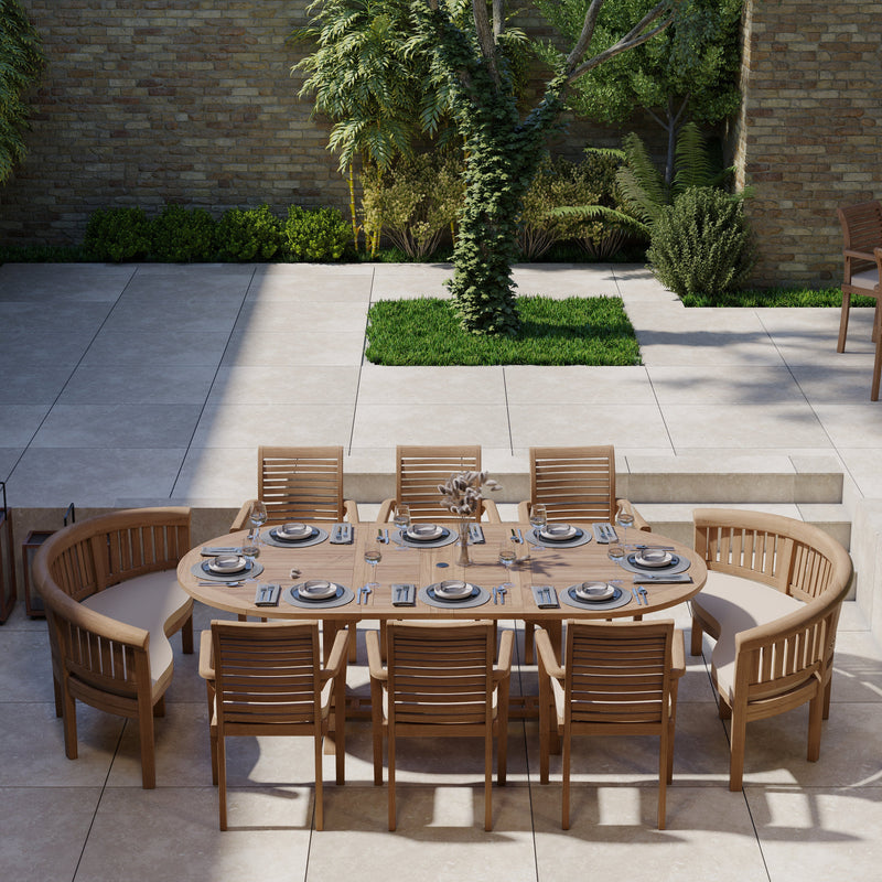 Teak 180-240cm Oval Extending Table 4cm Top (6 Oxford Stacking Chairs 2 San Francisco Benches) Cushions included.