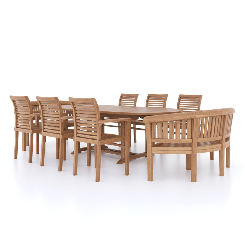 Teak 180-240cm Oval Extending Table 4cm Top (6 Oxford Stacking Chairs 2 San Francisco Benches) Cushions included.