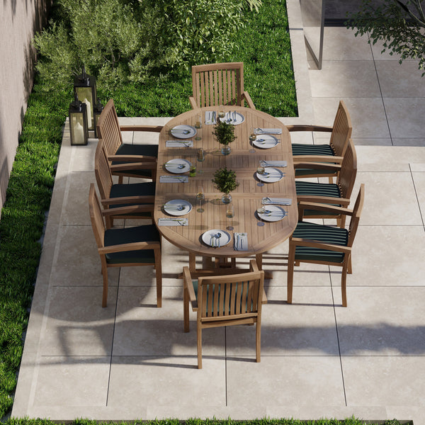 Teak Oval 180-240cm Extending Table 4cm Top (8 Henley Stacking Chairs) cushions included.