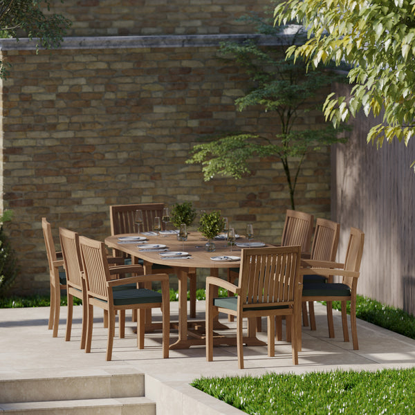 Teak Oval 180-240cm Extending Table 4cm Top (8 Henley Stacking Chairs) cushions included.